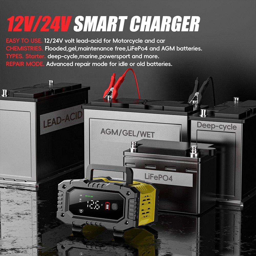Foxsur 12V 10A 24V 5A Lead Acid Battery Pulse Repair Battery Charger with Display Screen 7-stage for car motorcycle