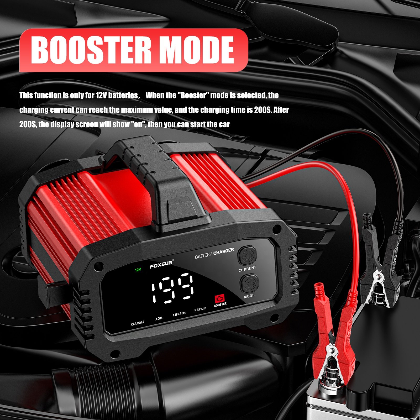 Foxsur 12V 25A 24V 15A Battery Charger Plus Repair Type Lead-Acid LiFePO4 with BOOSTER Engine for car motorcycle