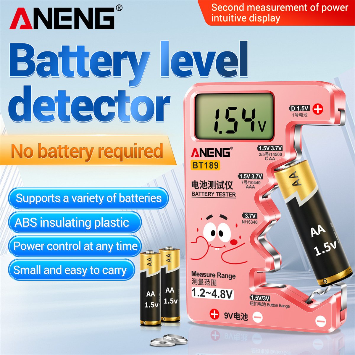 ANENG LCD Display Battery Testers BT189 Universal Button Cell Battery Tester AA AAA D N 9V Battery Power Test Instrument Tools