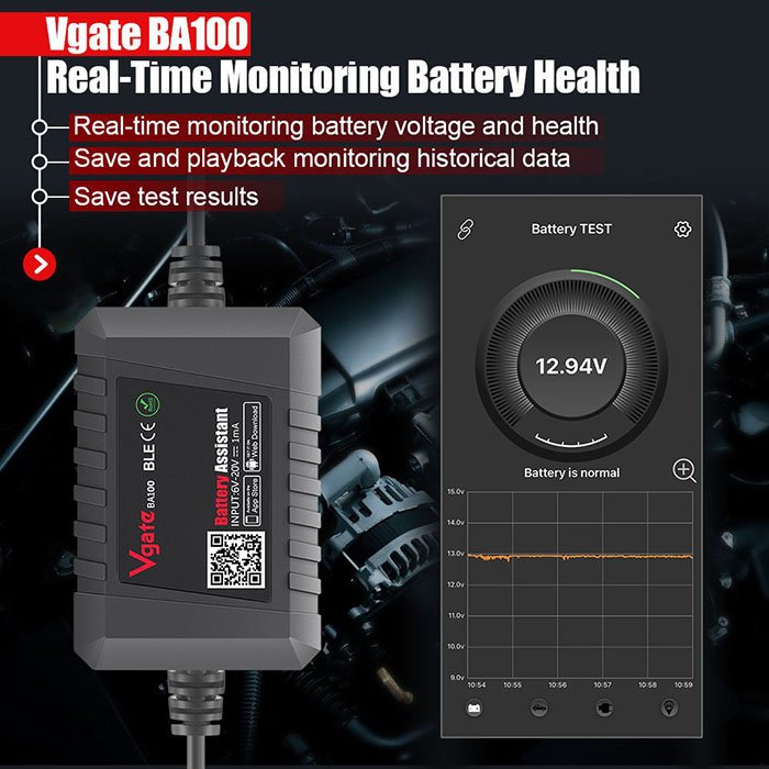 For Vgate BA100 Car Battery Tester 12V Monitor BT 4.0 Car Battery Assistant work with iOS & Android Battery helper