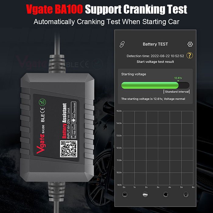 For Vgate BA100 Car Battery Tester 12V Monitor BT 4.0 Car Battery Assistant work with iOS & Android Battery helper