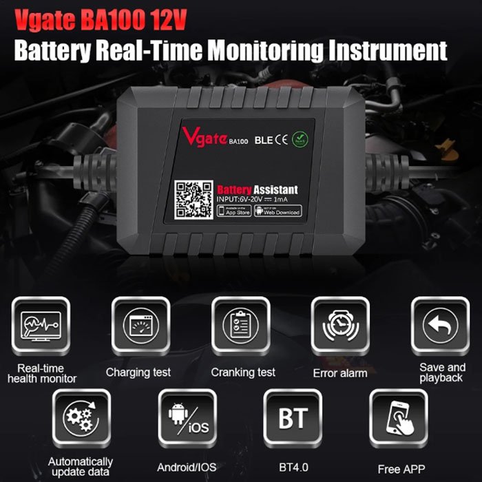 For Vgate BA100 Car Battery Tester 12V Monitor BT 4.0 Car Battery Assistant work with iOS & Android Battery helper