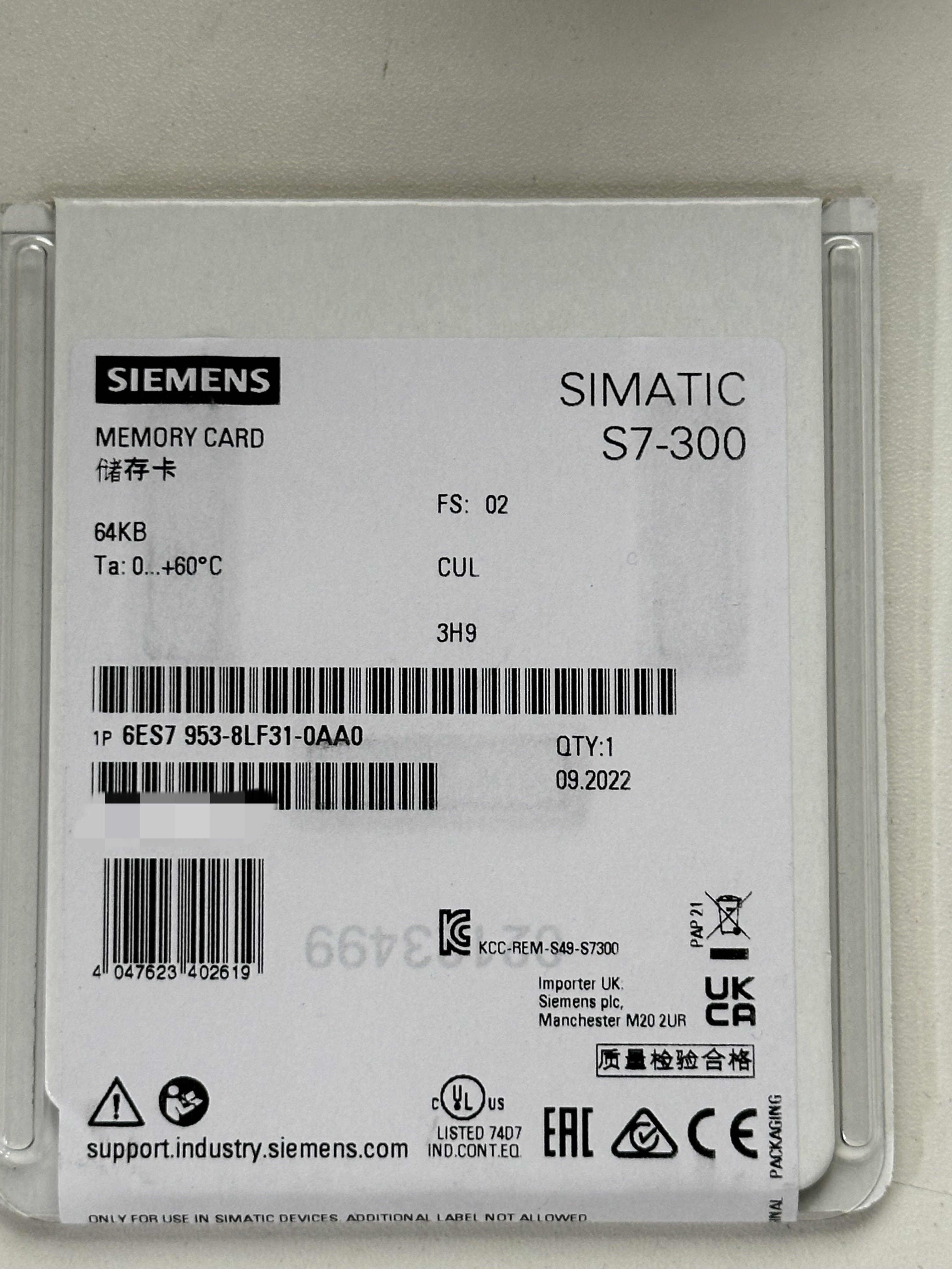 Siemens SIMATIC S7 Micro Memory Card 3V Nflash 64 KB 6ES7953-8LF31-0AA0 for S7-300/C7/ET 200