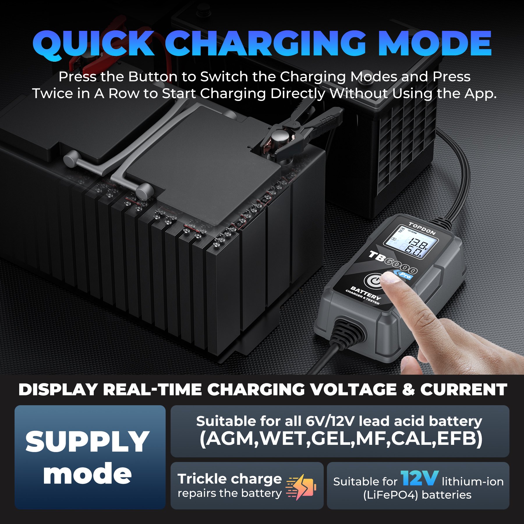 portable topdon TB6000 Pro lead acid lithium 12v 24v automatic auto 12 v automotive vehicle battery charger power bank for car
