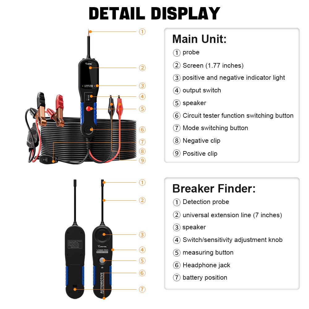 VDIAGTOOL V200 Pro Automotive Power Circuit Probe Tester Breaker Finder Tool 12/24V AC DC Voltage Trailer Relay Fuse Test