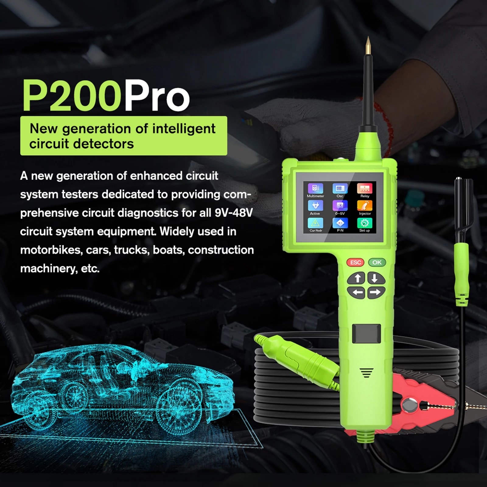 JDiag TopDiag P200 Pro Newest Smart Hook Master Edition Car Circuit Tester 9-48V Automotive Power Probe Electrical System Tester