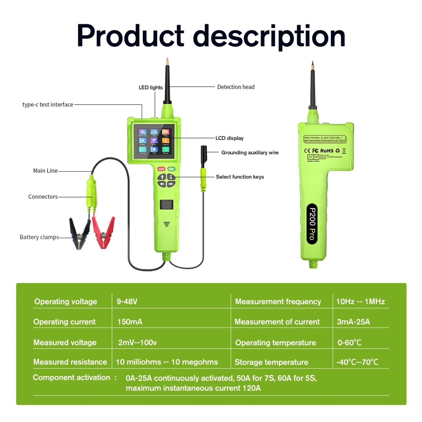 JDiag TopDiag P200 Pro Newest Smart Hook Master Edition Car Circuit Tester 9-48V Automotive Power Probe Electrical System Tester