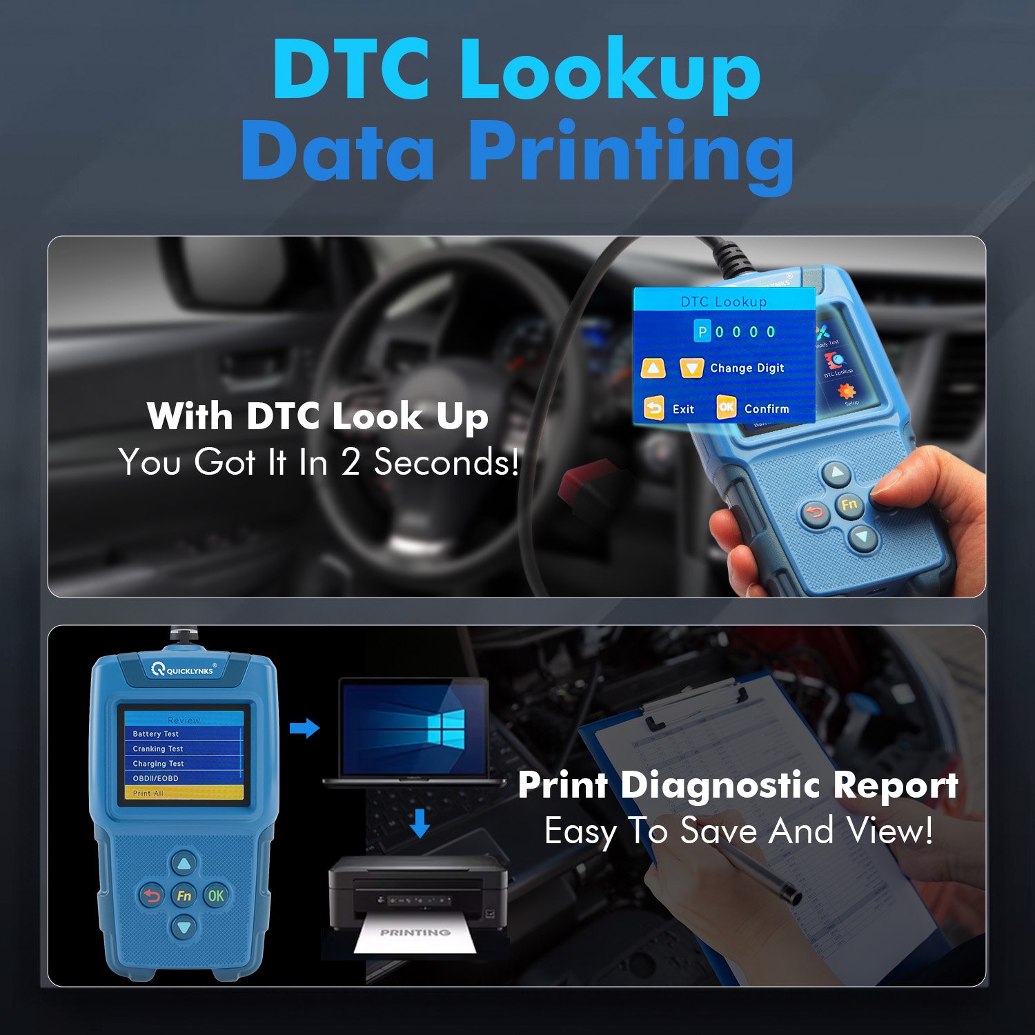 Auto Diagnostic tool 2-in-1 OBD2 Scan and Battery test Auto engine analysis Fault code Start battery level health detection