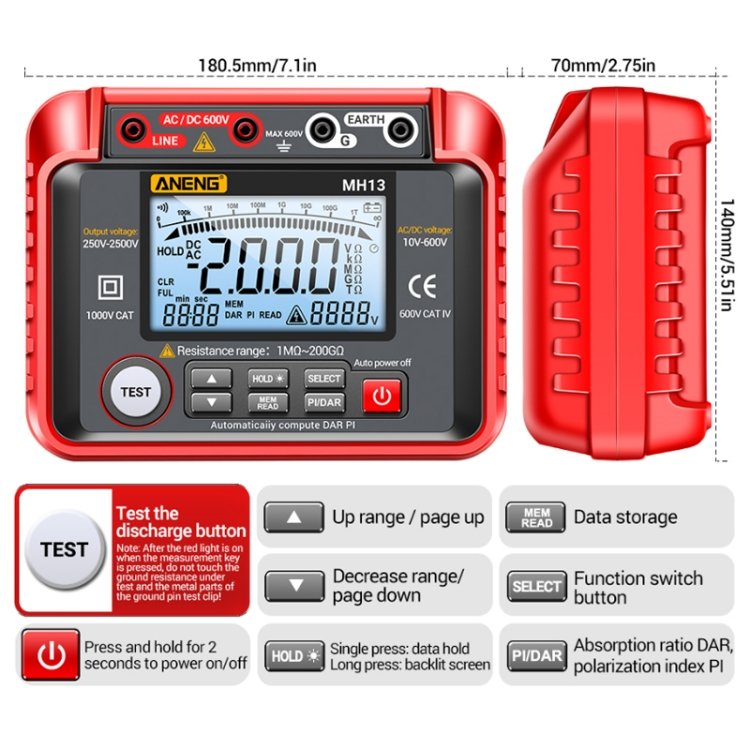 Professional high quality ANENG MH13 High Voltage Digital Electronic Meter Insulation Resistance Tester Current & Voltage Tester