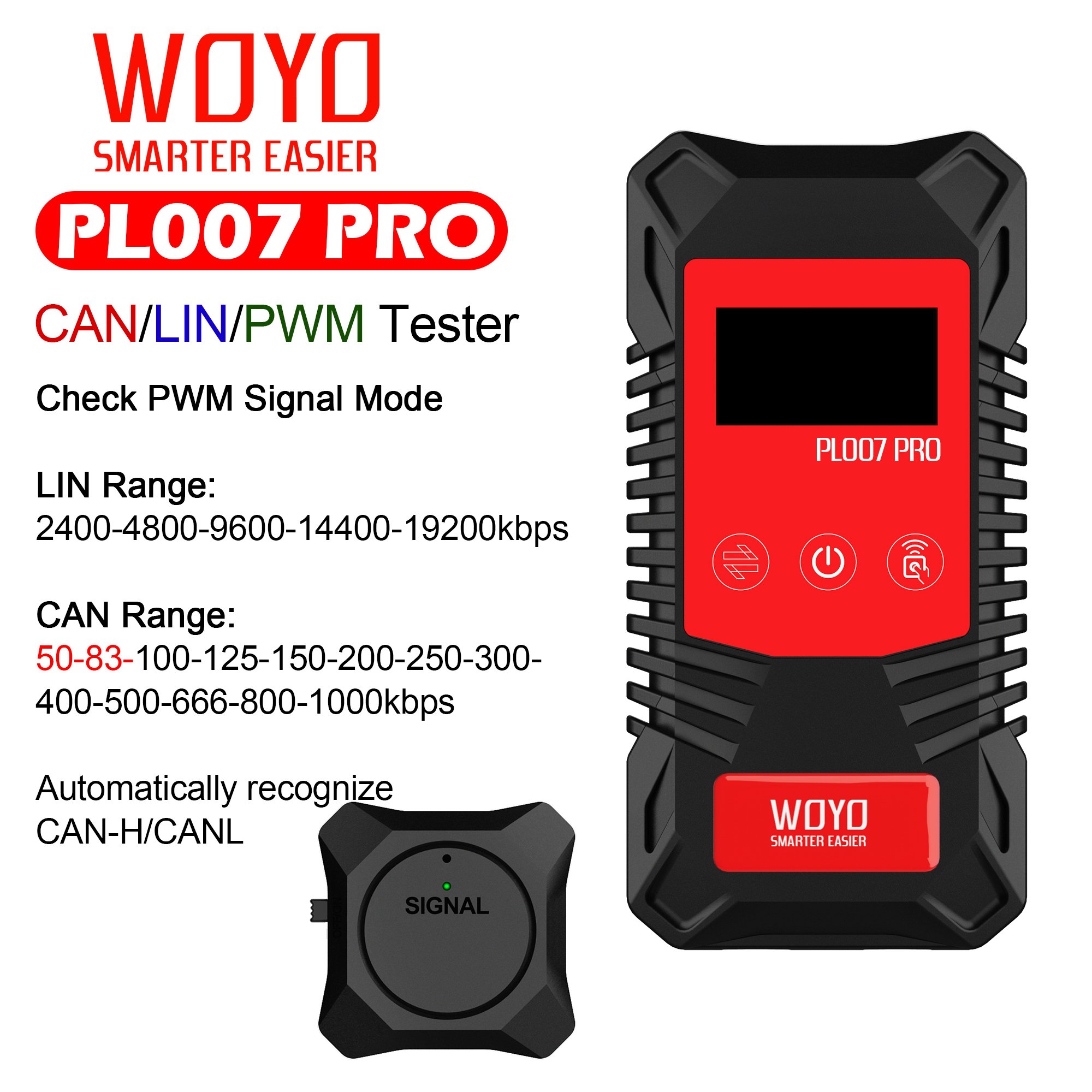 WOYO PL007 Pro CAN LIN PWM Signal Tester CAN BUS Analyzer Read Baud&ID Data Automatically Identify the Direction of CAN-H&CAN-L