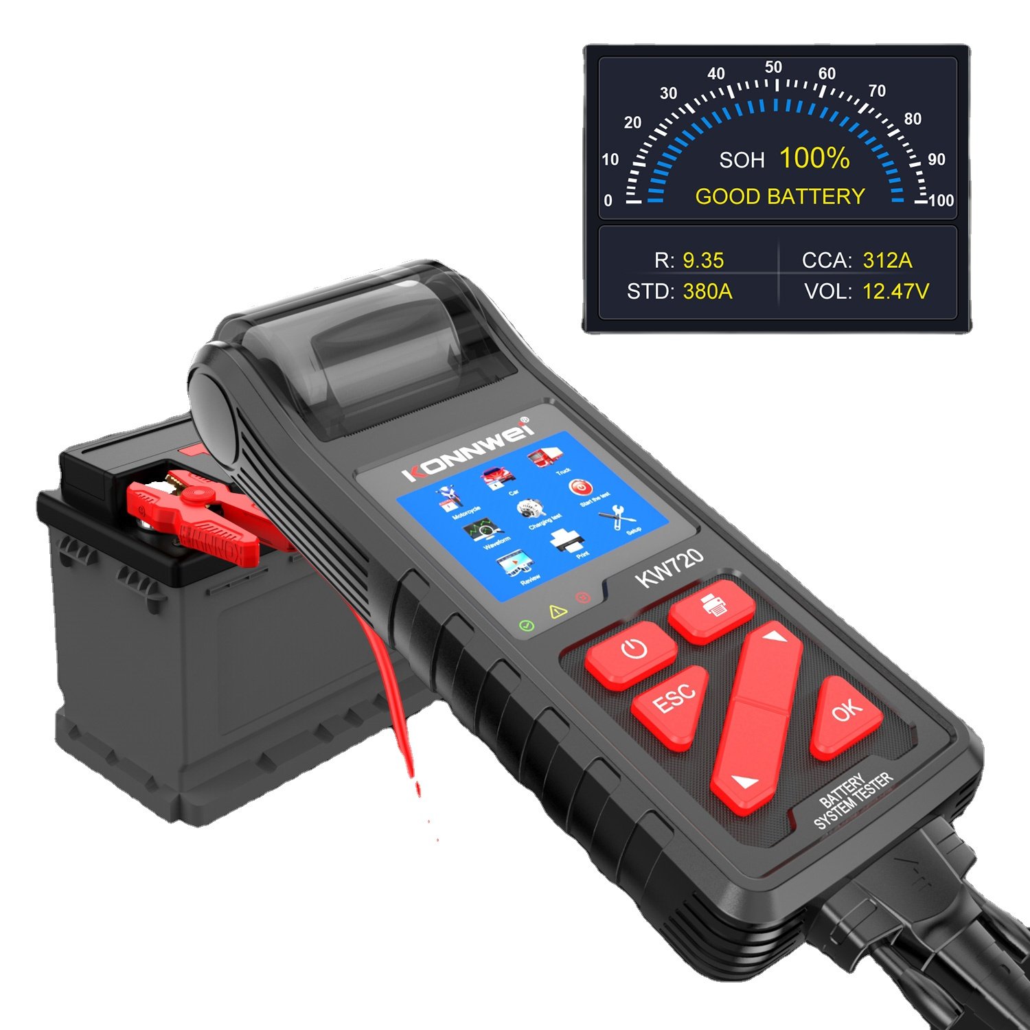 Latest KONNWEI KW720 5-36V Car Truck Battery Tester Analyzer with Printer for SOC SOH Internal Resistance Voltage