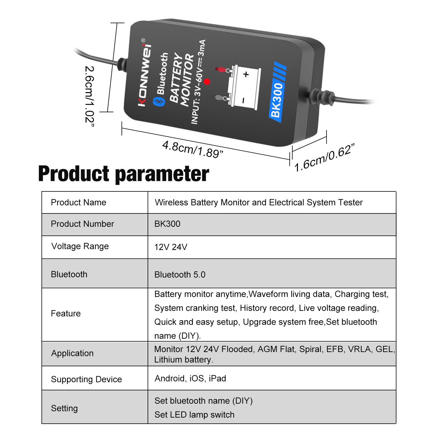 Factory directly KONNWEI BM2 car battery monitor Automotive car battery tester with bluetooth 5.0 BKmonitor APP