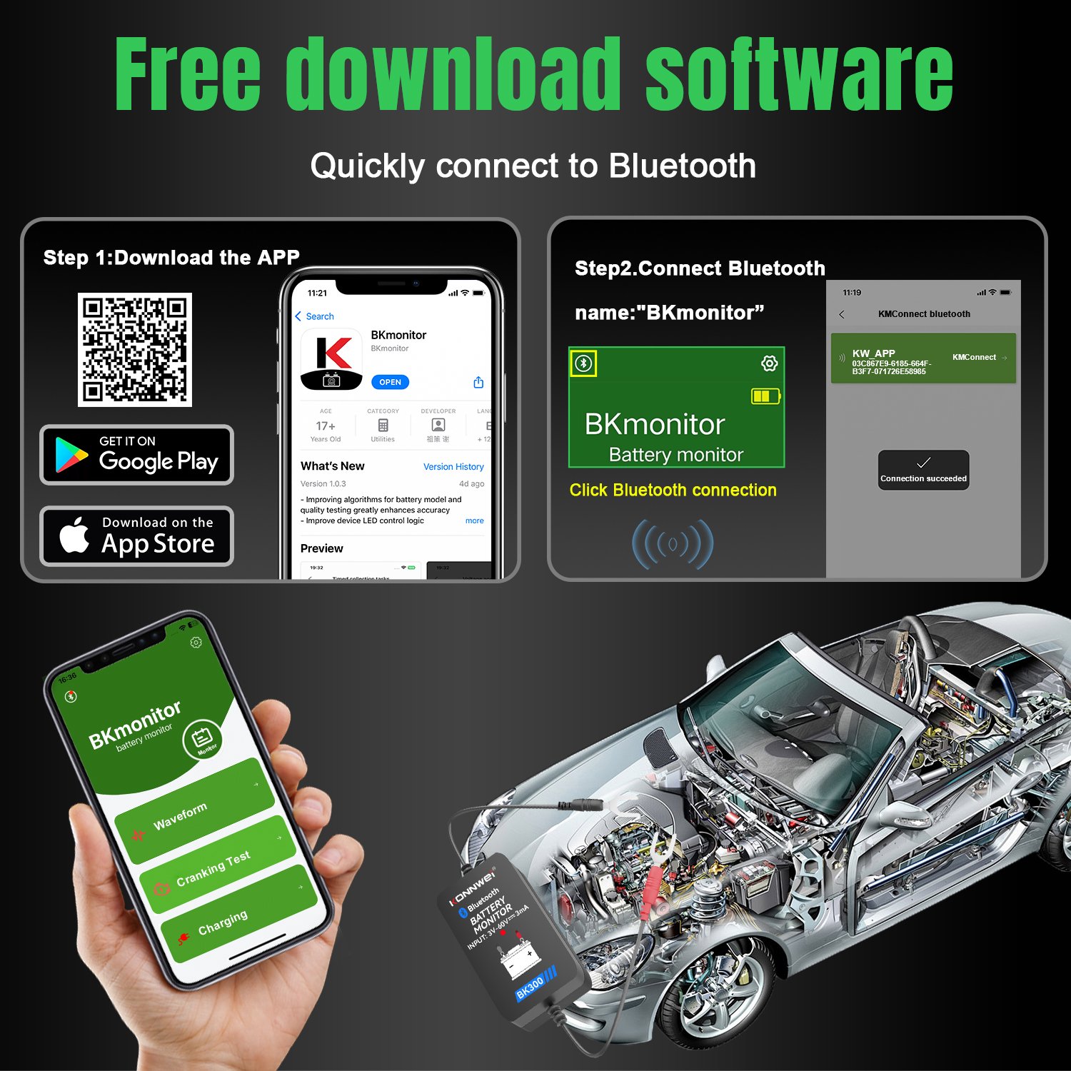 Factory directly KONNWEI BM2 car battery monitor Automotive car battery tester with bluetooth 5.0 BKmonitor APP