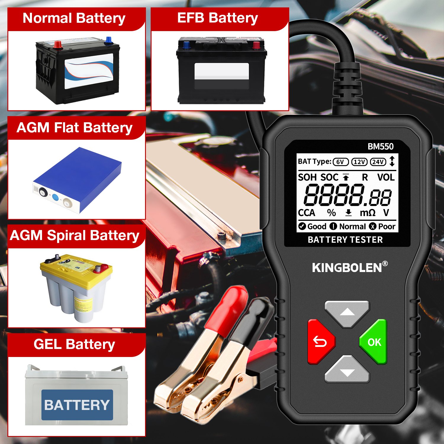 KINGBOLEN BM550 Car Battery Tester OBD2 6V 12V 24V 100-2000 CCA 2Ah-220Ah Battery System Detect Auto Battery Analyzer Car Diagno