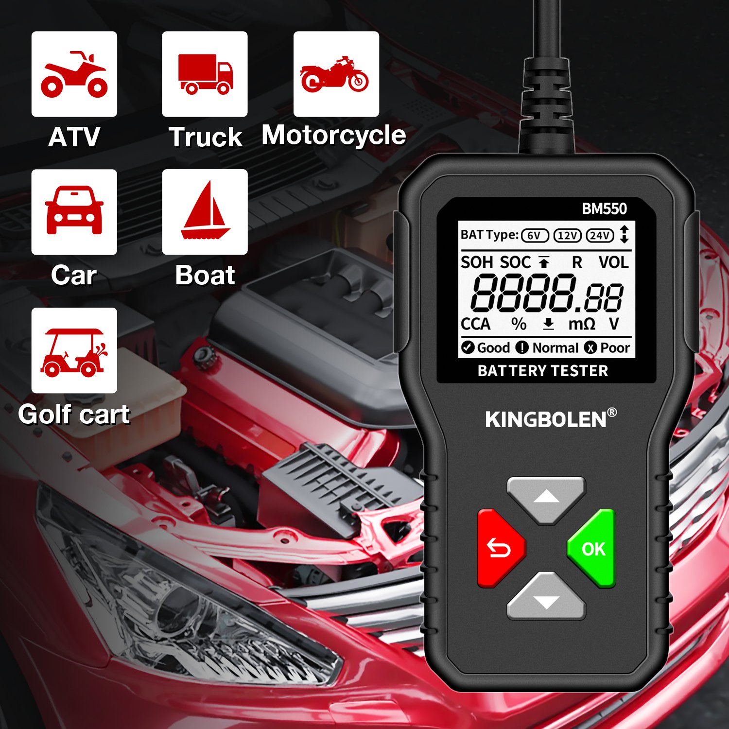 KINGBOLEN BM550 Car Battery Tester OBD2 6V 12V 24V 100-2000 CCA 2Ah-220Ah Battery System Detect Auto Battery Analyzer Car Diagno