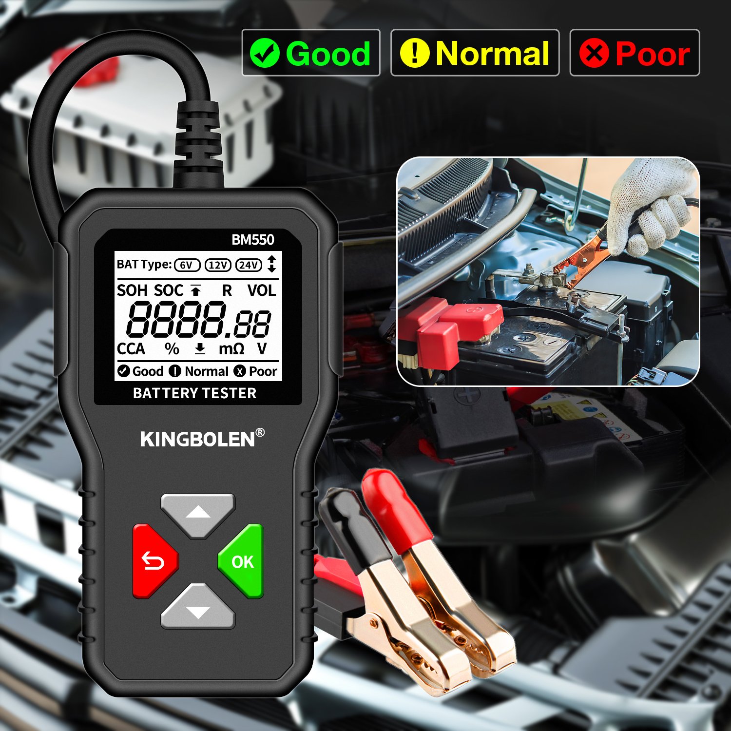 KINGBOLEN BM550 Car Battery Tester OBD2 6V 12V 24V 100-2000 CCA 2Ah-220Ah Battery System Detect Auto Battery Analyzer Car Diagno