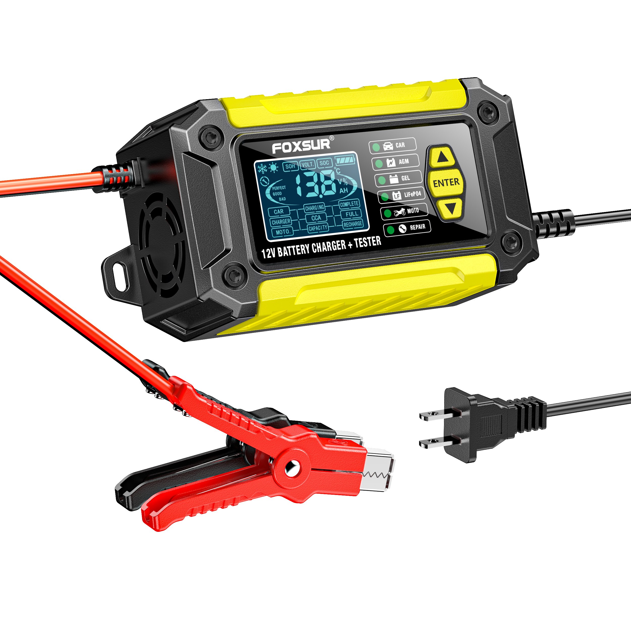 FOXSUR Battery Charger and Battery Tester 2 in 1 for Automotive Motorcycles car 12V 6A Battery Charger