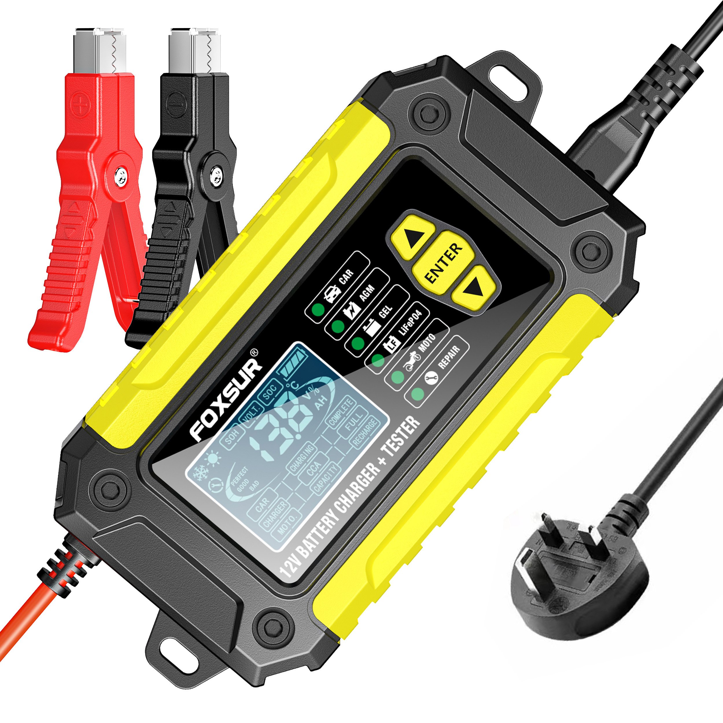 FOXSUR Battery Charger and Battery Tester 2 in 1 for Automotive Motorcycles car 12V 6A Battery Charger