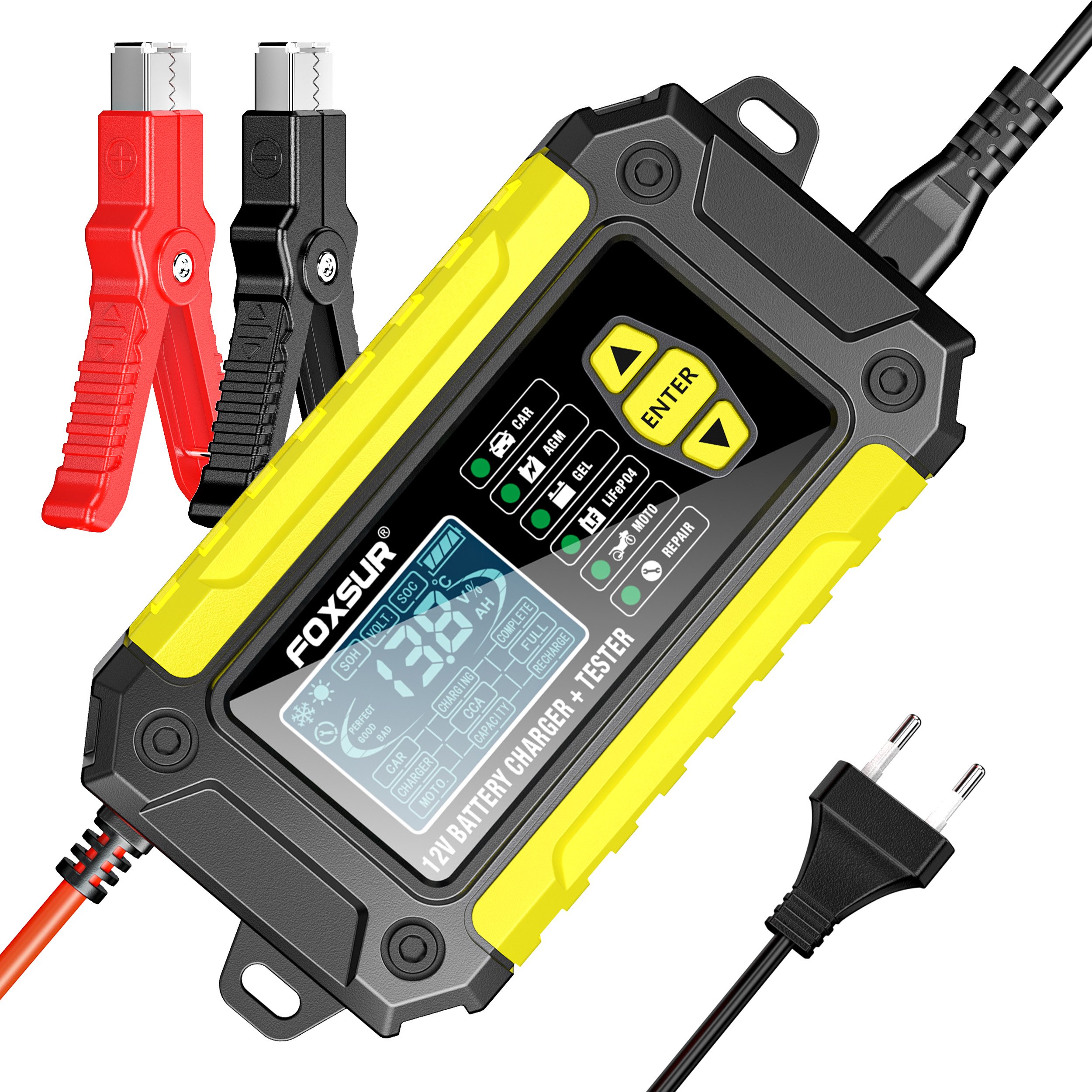 FOXSUR Battery Charger and Battery Tester 2 in 1 for Automotive Motorcycles car 12V 6A Battery Charger