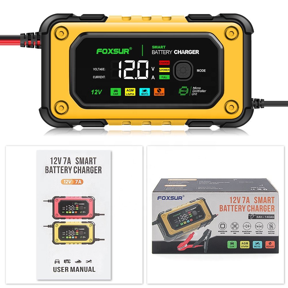 FOXSUR FBC1207E 12V/7A Smart Automobile Battery Charger Car Battery Repair Machine Tester Car Battery Jump Starter