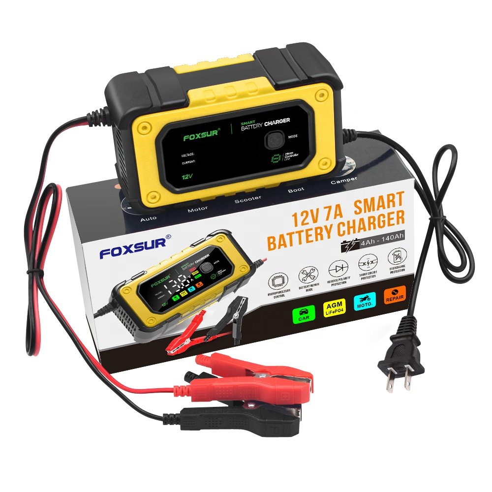 FOXSUR FBC1207E 12V/7A Smart Automobile Battery Charger Car Battery Repair Machine Tester Car Battery Jump Starter