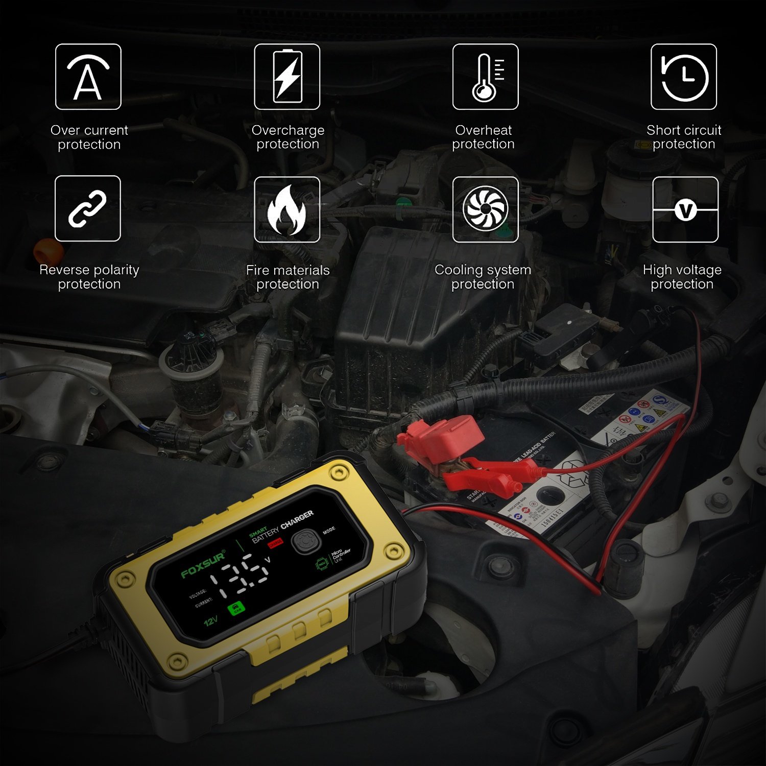 FOXSUR FBC1207E 12V/7A Smart Automobile Battery Charger Car Battery Repair Machine Tester Car Battery Jump Starter