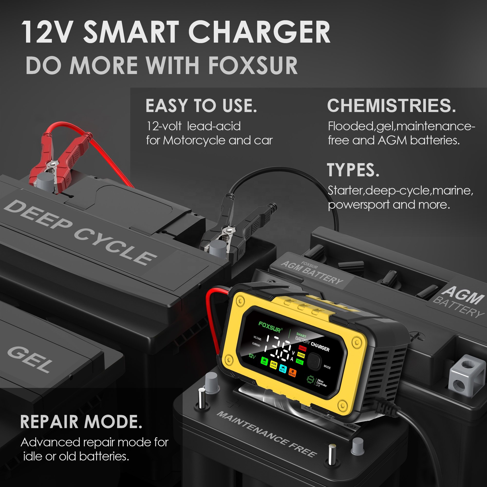 FOXSUR FBC1207E 12V/7A Smart Automobile Battery Charger Car Battery Repair Machine Tester Car Battery Jump Starter