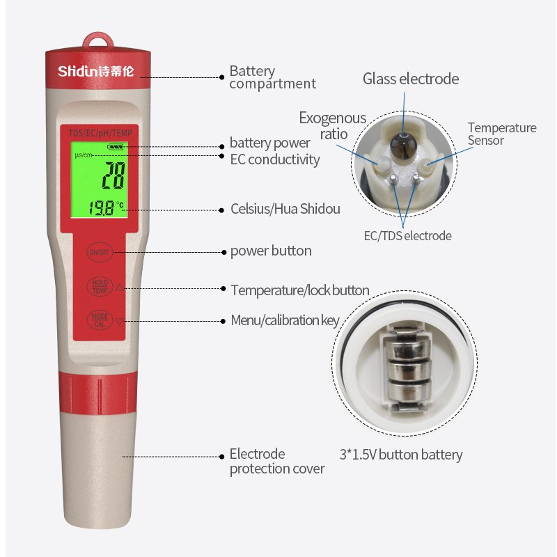 Water Tester Portable TDS Meter Pen 4 in 1 Digital tester TDS/EC/PH/Temp Portable Digital Water Detector for drinking water