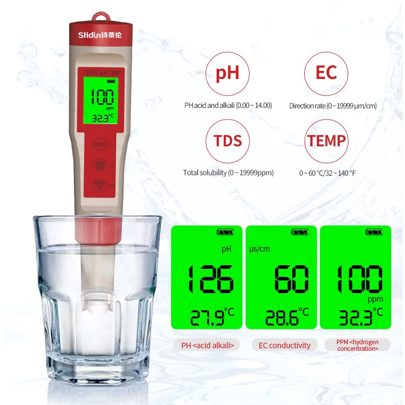Water Tester Portable TDS Meter Pen 4 in 1 Digital tester TDS/EC/PH/Temp Portable Digital Water Detector for drinking water