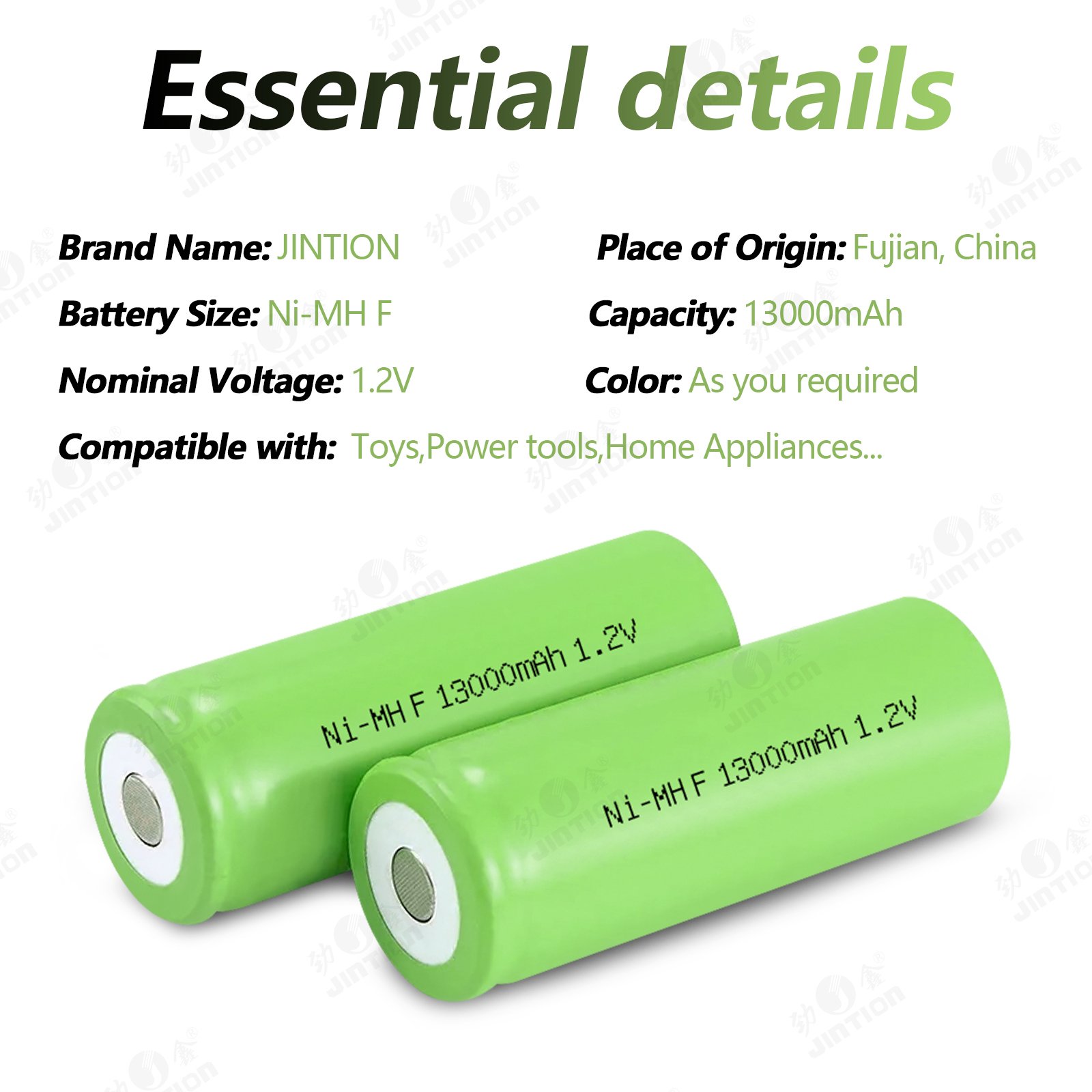 JINTION 13000mAh 1.2V Flattop Ni-MH Rechargeable Battery for Power Tools and Consumer Electronics Nickel Metal Hydride