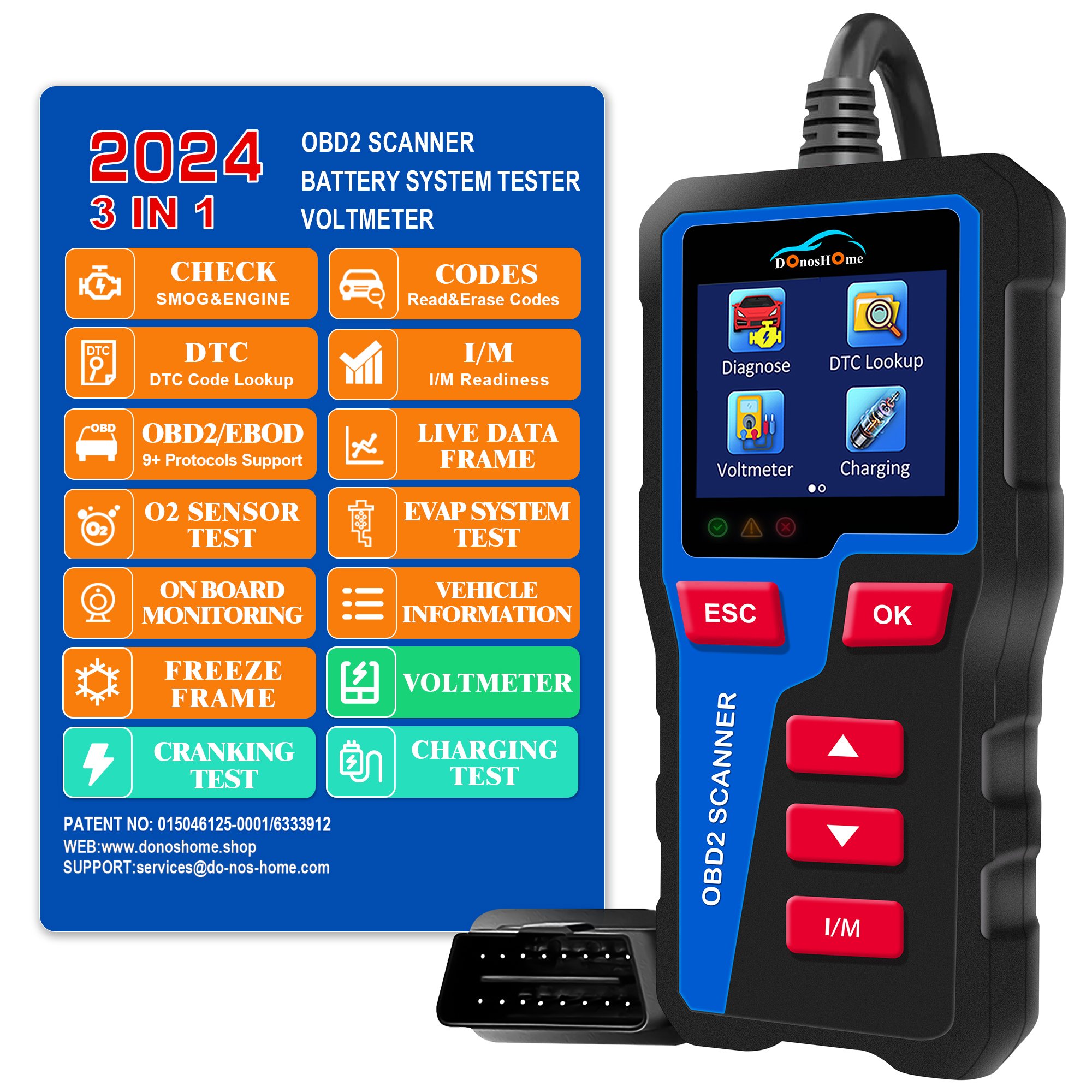 New Version 3-in-1 OBD2 Engine Fault Code Reader Battery System Tester Voltmeter DTC Lookup I/M Readiness Cranking Test