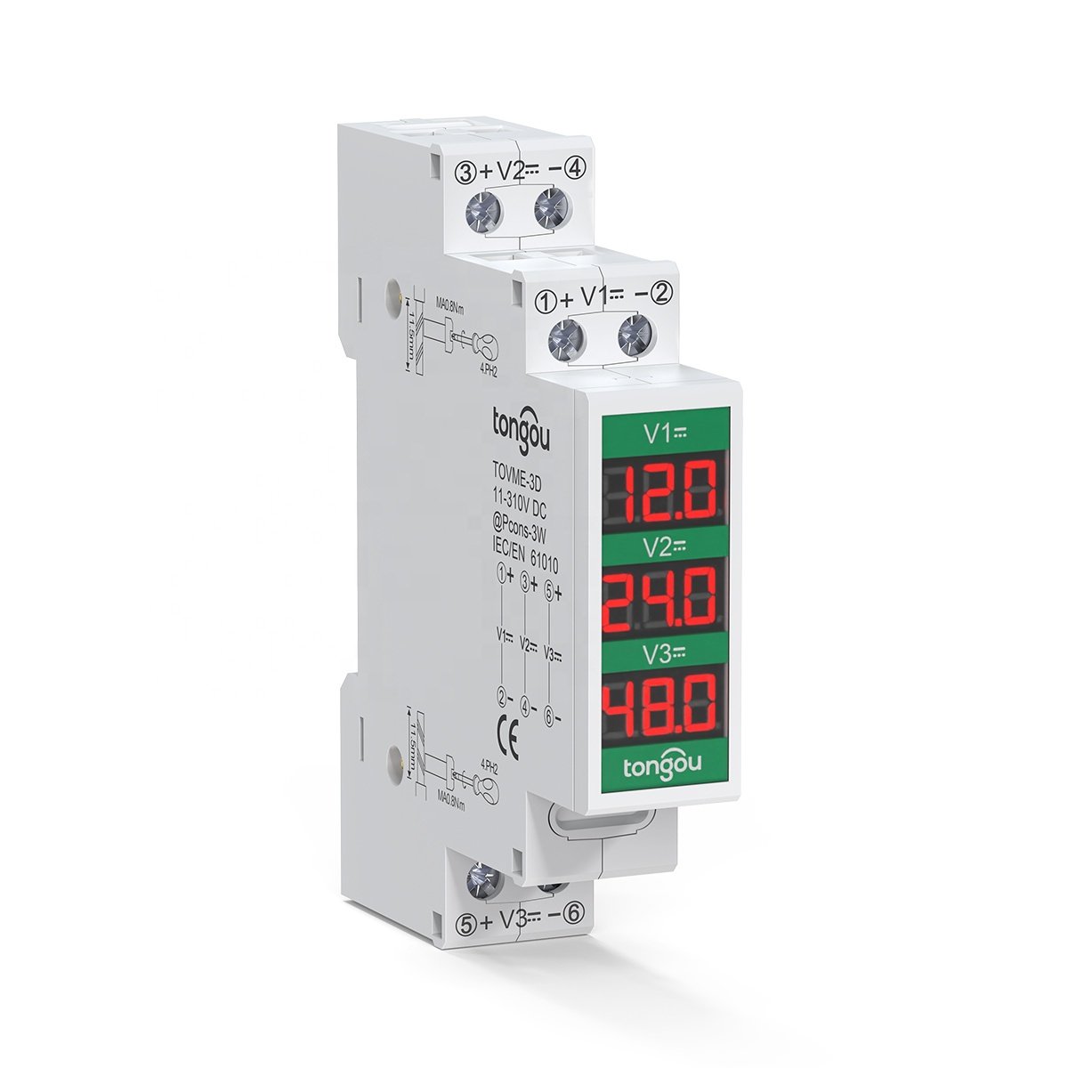 Triple Ways Din Rail Mount Voltage Meter 11V-310V DC Mini Modular Voltmeter LED Digital Display Detector TONGOU