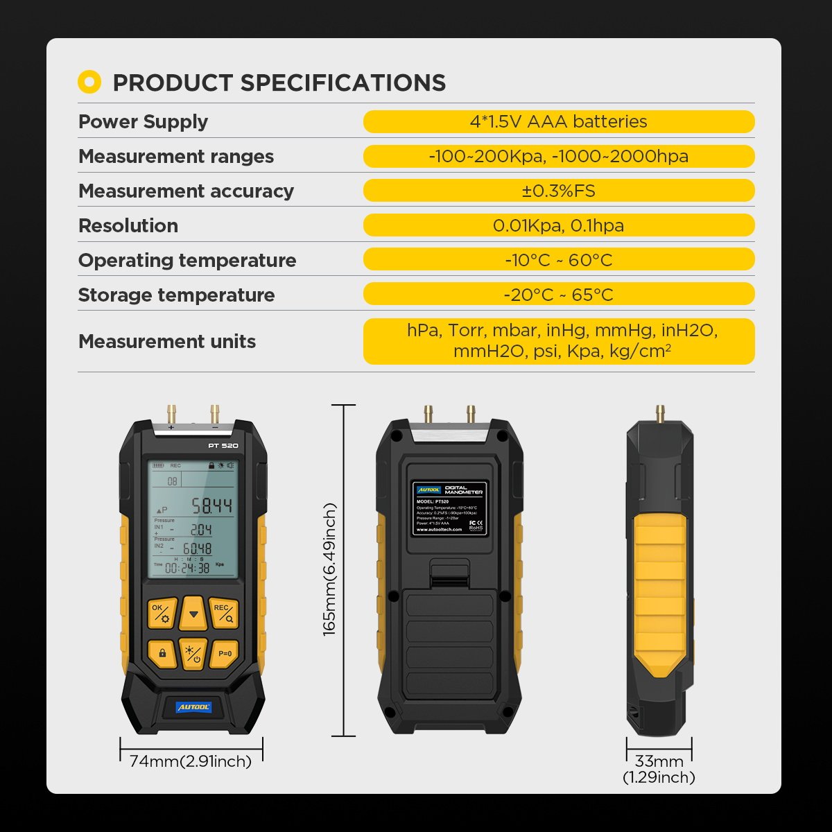 AUTOOL PT520 Digital Differential Manometer HVAC Gas Pressure Tester with 3-Year Warranty Air Pressure Meter HVAC Applications