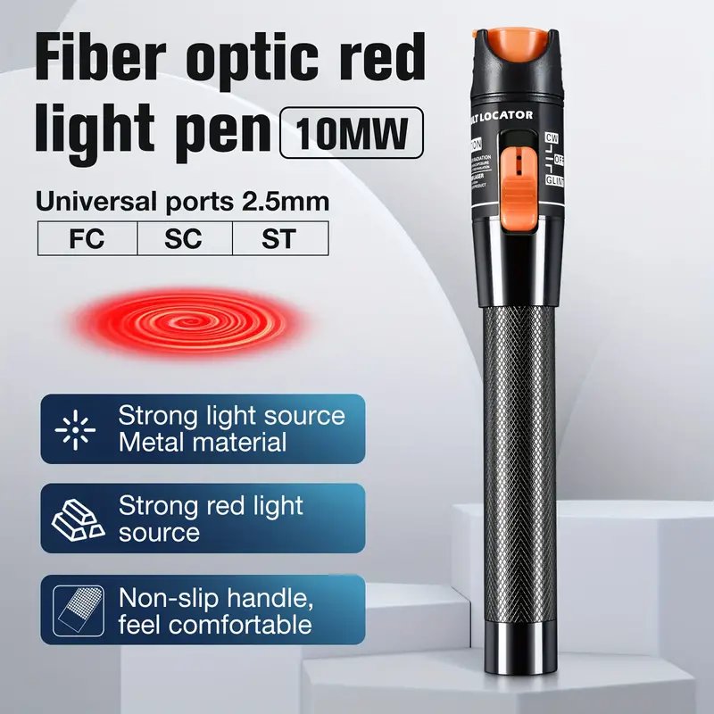 10MW Fiber Optic Cable Tester Pen - 10km Range, Red Light VFL for Visual Fault Detection, Battery-Powered