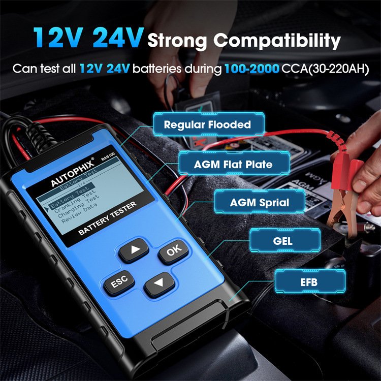 AUTOPHIX BAS100 Battery Tester 12/24V Advanced Digital Multimeter for Battery Health Assessment