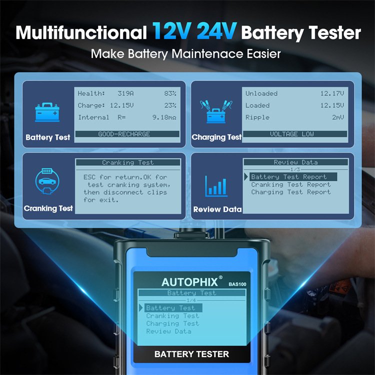 AUTOPHIX BAS100 Battery Tester 12/24V Advanced Digital Multimeter for Battery Health Assessment