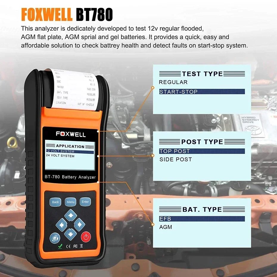 A+ FOXWELL BT780 12V Battery Tester 0-1000A Car AGM GEL EBP Batteries Analyzer Built-in Printer 12V-24V Starting Charging System