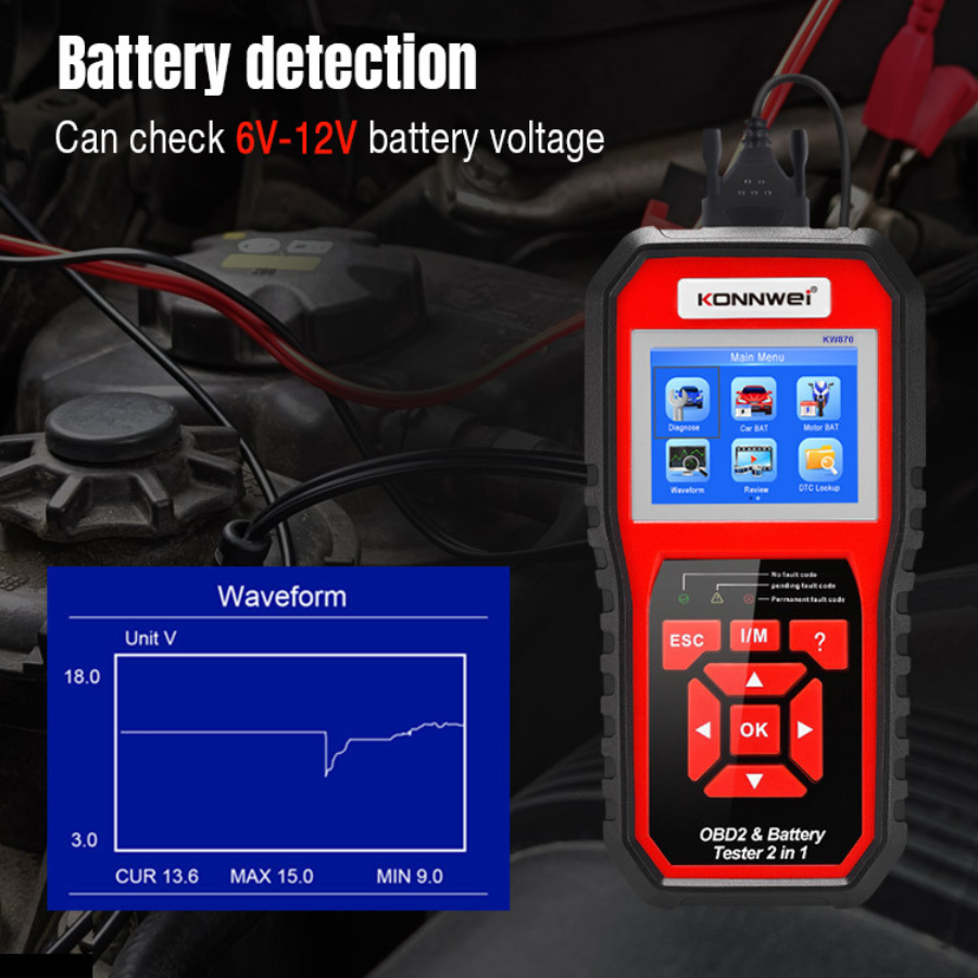 Multi language Konnwei obd2 scanner diagnostic tool car battery tester analyzer kw 870 obdii