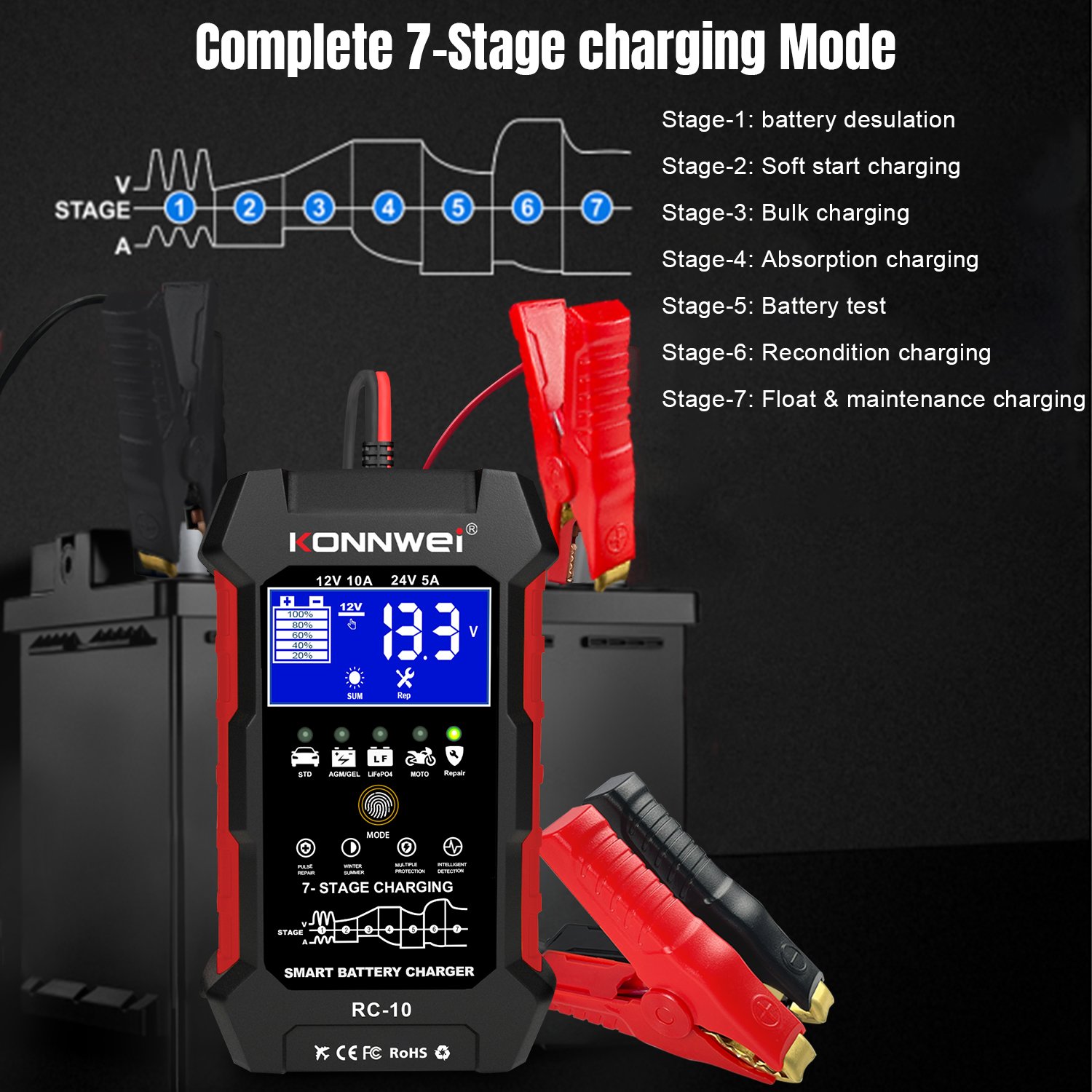 12v 24v car battery charger automotive tools KONNWEI rc10 battery charger for car Batteries Lifepo4, lead Acid, Gel, Lithium