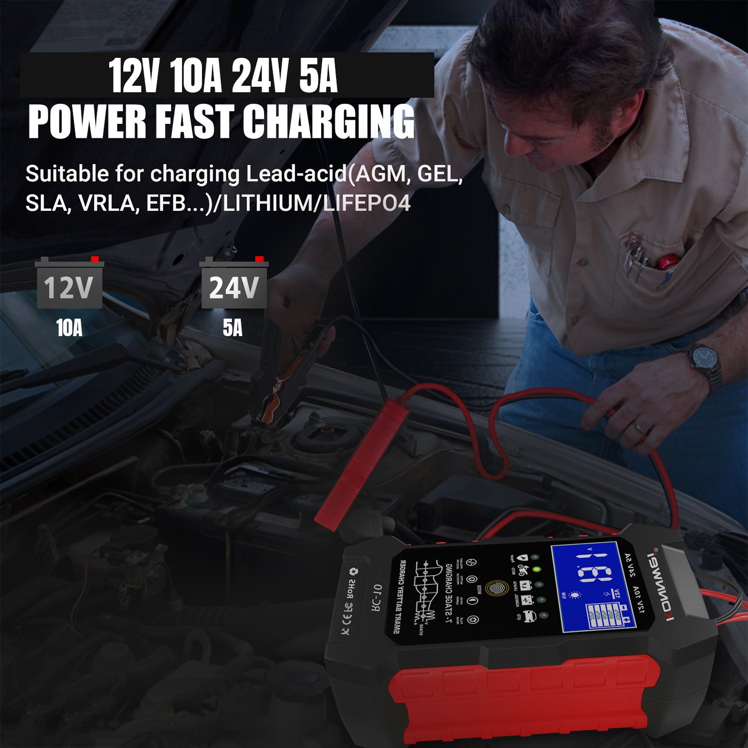 12v 24v car battery charger automotive tools KONNWEI rc10 battery charger for car Batteries Lifepo4, lead Acid, Gel, Lithium