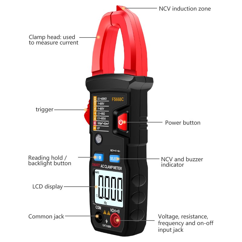 Auto-Ranging NCV Digital Multimeter Amp Volt Clamp Meter Voltage Tester with Ohm, Capacitance, Diode and Resistance