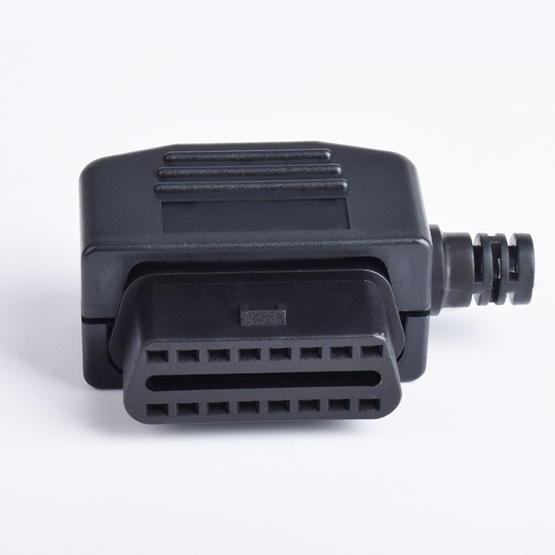 L-shaped OBD female connector with a 180 degree shell and a half moon shaped connector, assembled with a female connector of 16P