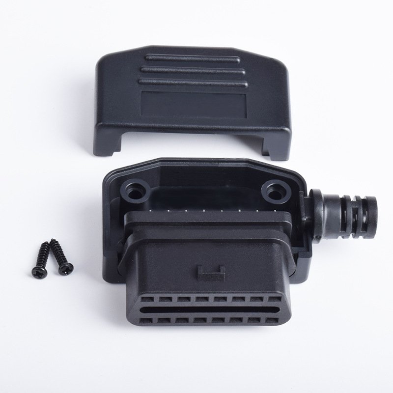 L-shaped OBD female connector with a 180 degree shell and a half moon shaped connector, assembled with a female connector of 16P