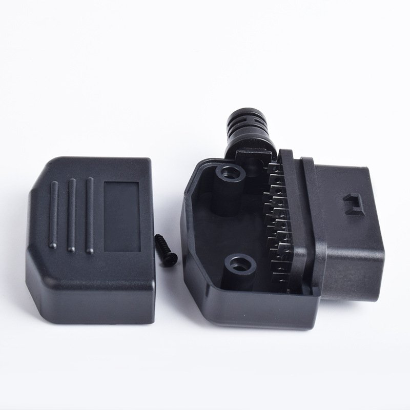 L-shaped OBD female connector with a 180 degree shell and a half moon shaped connector, assembled with a female connector of 16P