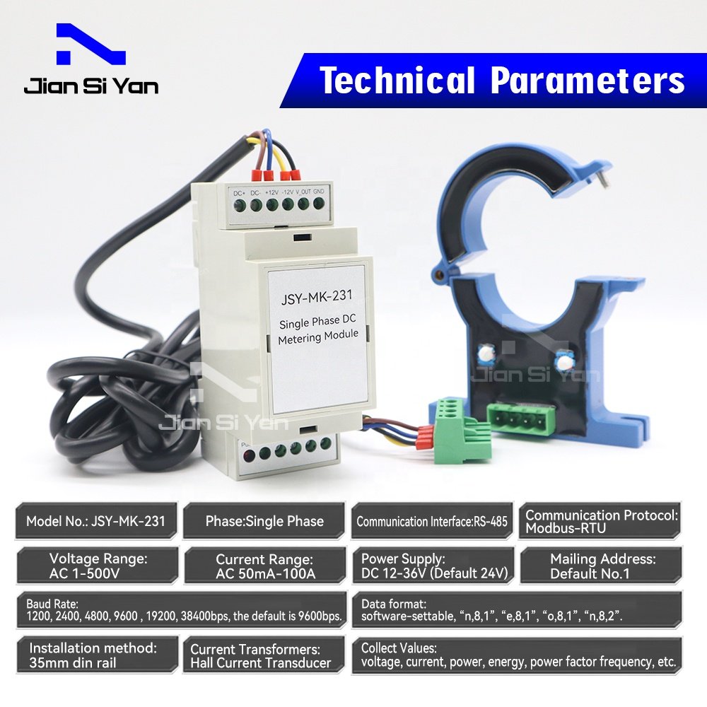 JSY-MK-231 Single Phase DC Energy Meter Module RS485 Modbus-RTU 35mm Din Rail Power Energy Metering With 100A Hall Sensor