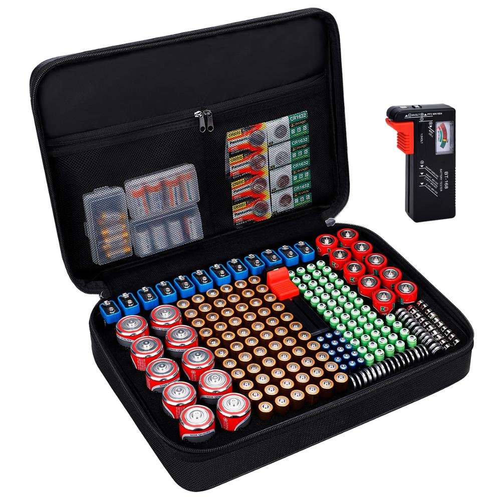 Safe Carrying Case Bag Hard Holder with Battery Tester Waterproof Explosionproof Fireproof Battery Organizer Storage Box