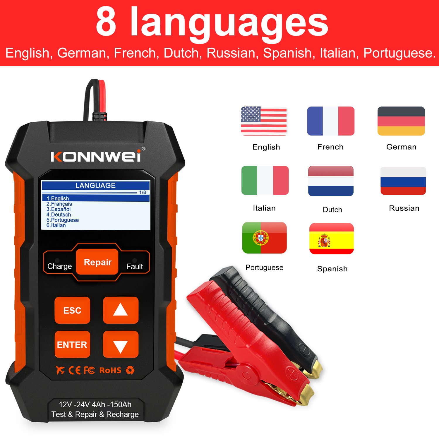Konnwei KW520 12V 24V car recharge tool car battery tester Test Repair Recharge Battery Tester