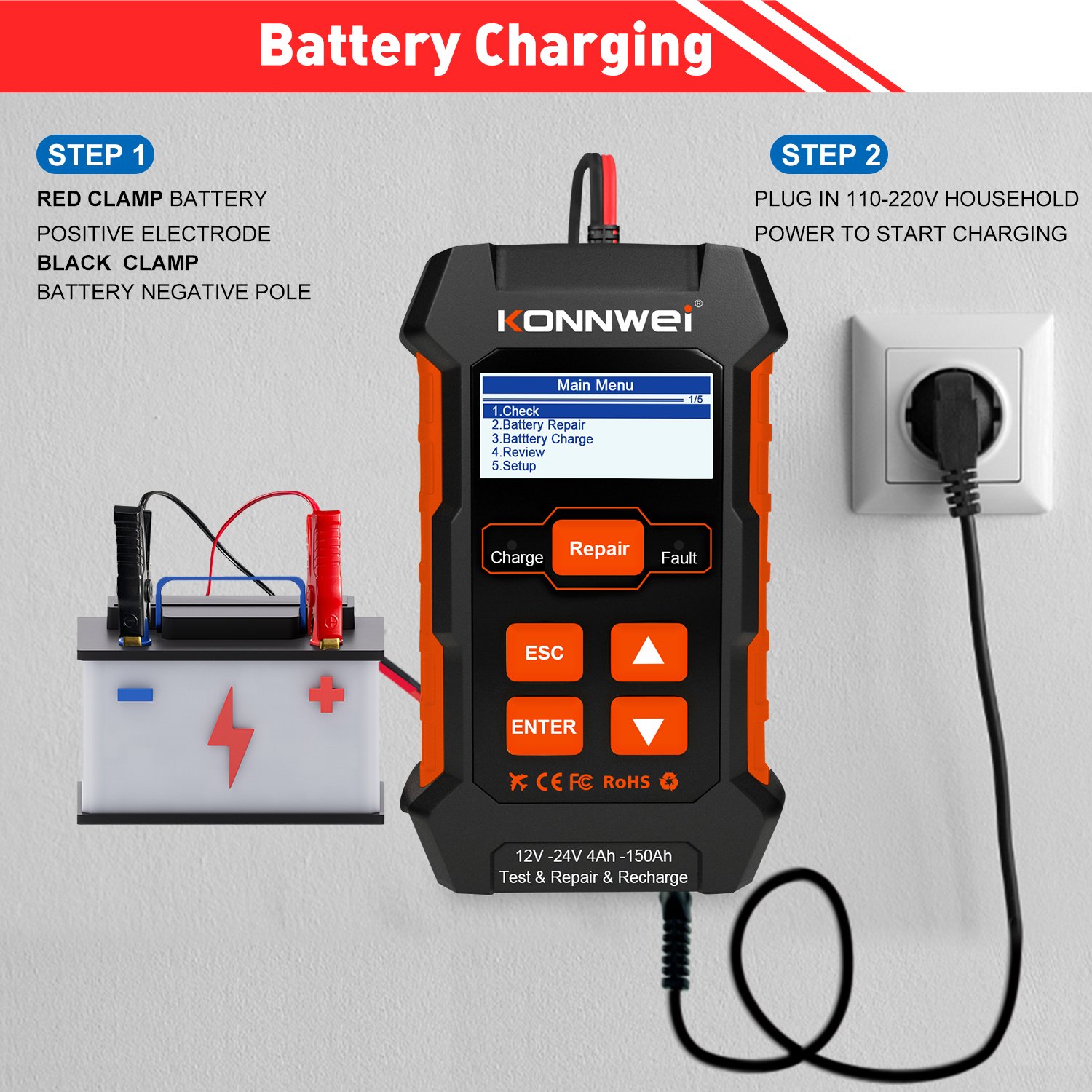 Konnwei KW520 12V 24V car recharge tool car battery tester Test Repair Recharge Battery Tester