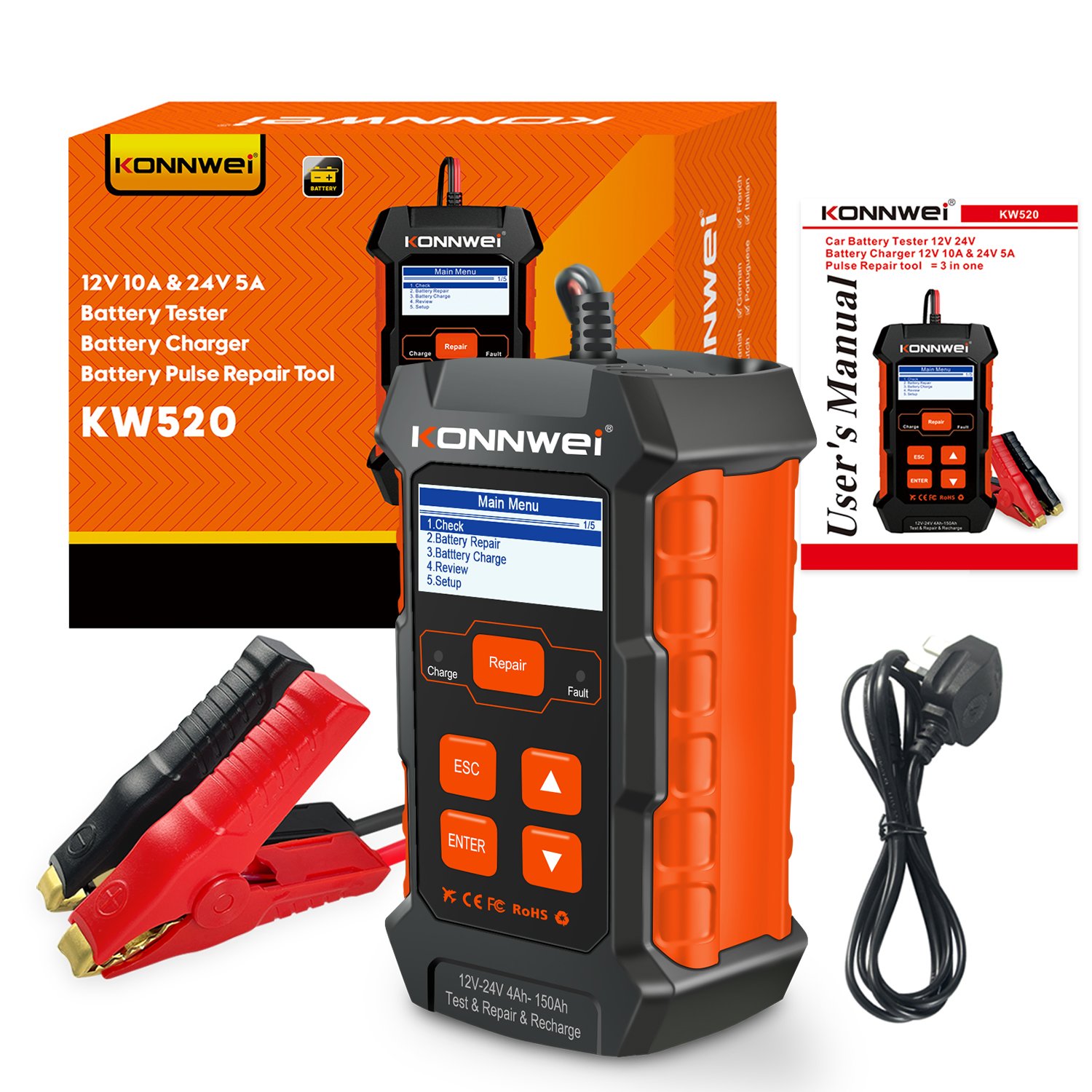 Konnwei KW520 12V 24V car recharge tool car battery tester Test Repair Recharge Battery Tester
