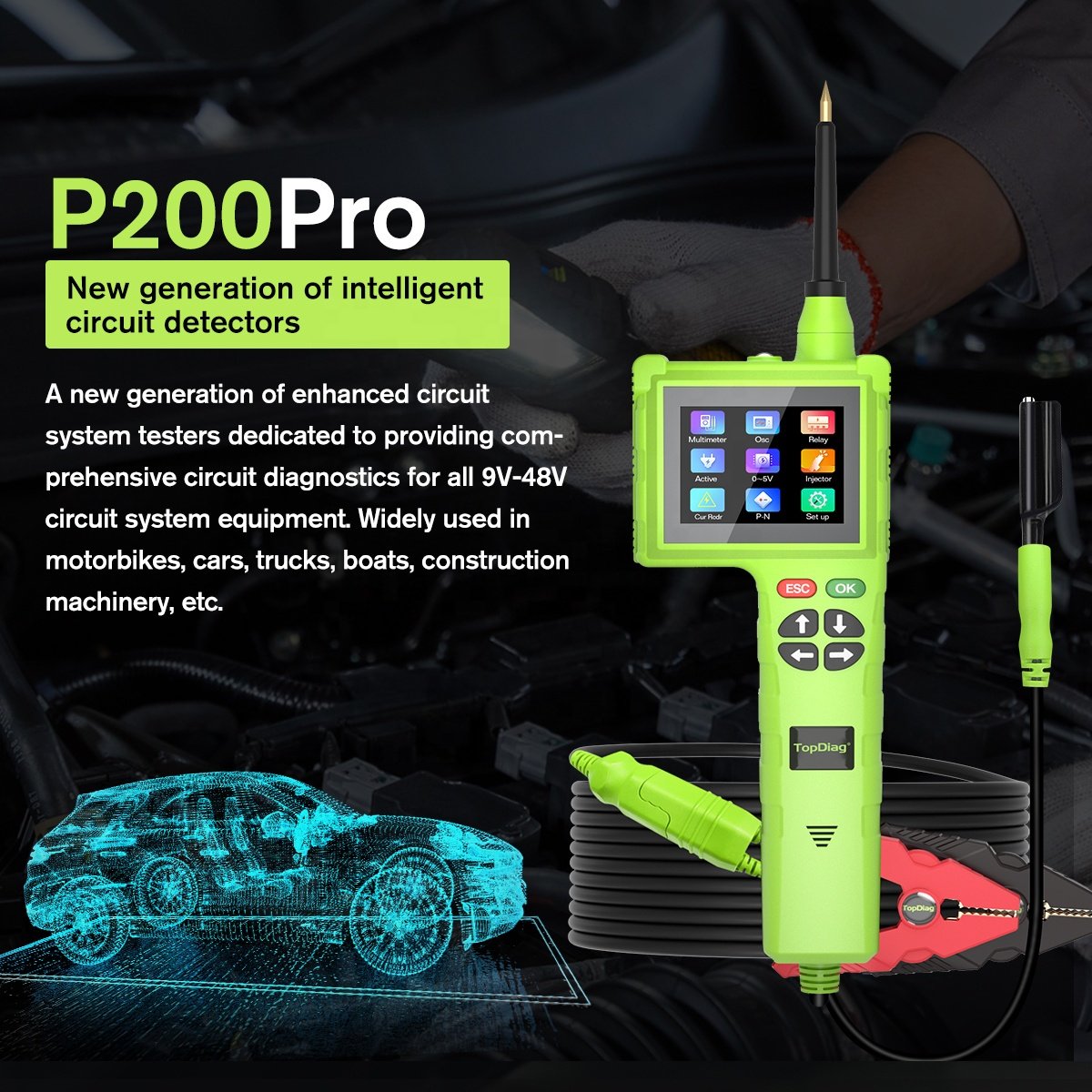 JDiag New Circuit tester 9-48V Smart Hook Master Edition TopDiag P200PRO With Relay Testing Injector Test/cleaning Power Probe